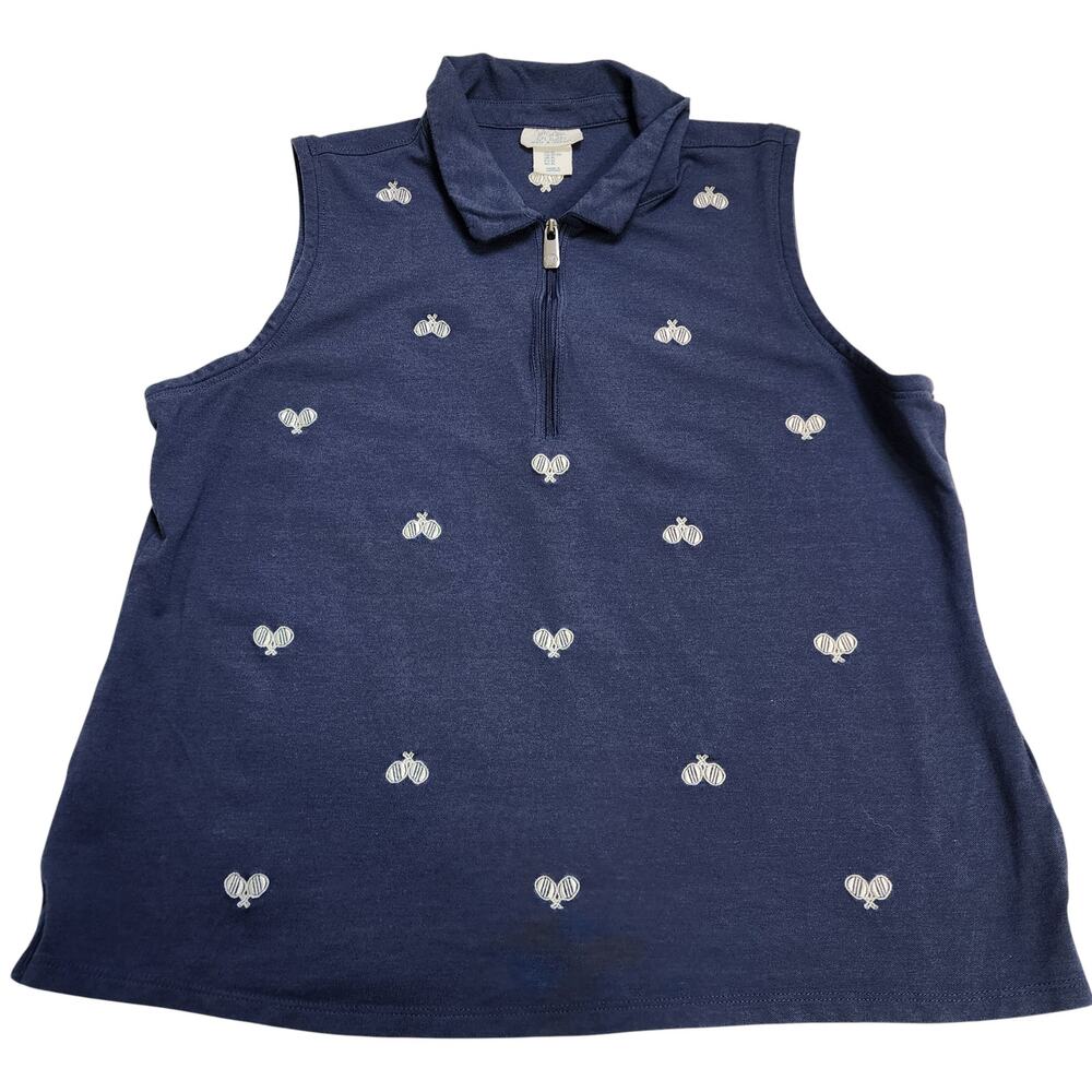 Sigrid Olsen Womens Sleeveless Quarter Zip Collared Embroidered Top Size XL Navy - Picture 3 of 10
